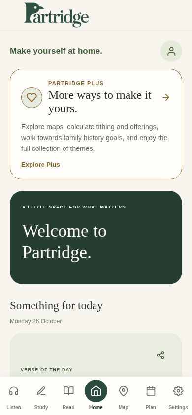 Partridge home screen with its bird P wordmark, Plus invitation and seven navigation tabs